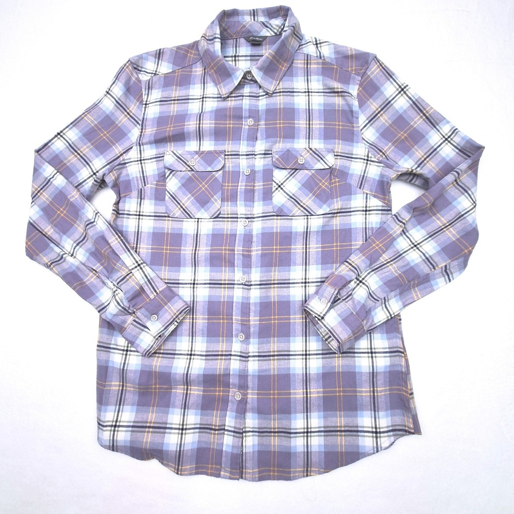 Eddie Bauer Button Down Shirt Womens Small Purple Plaid Long Sleeve Stretch